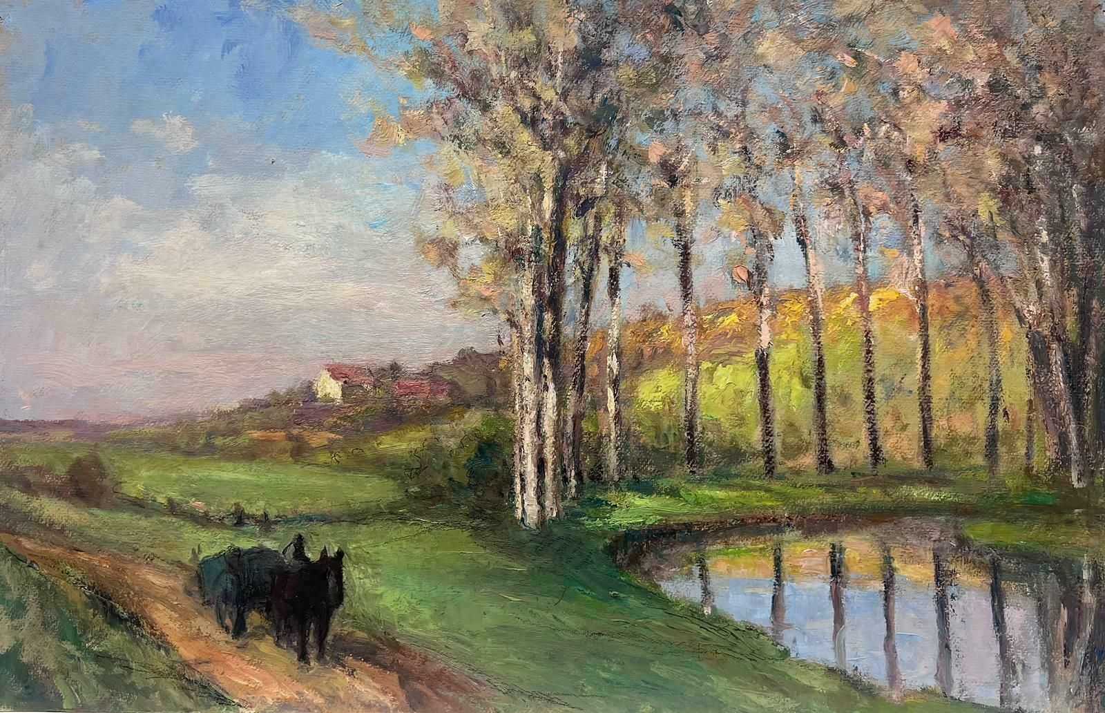 Leon Hatotvintage French Oil Painting Black Horses Walking Around A Dappled Light River