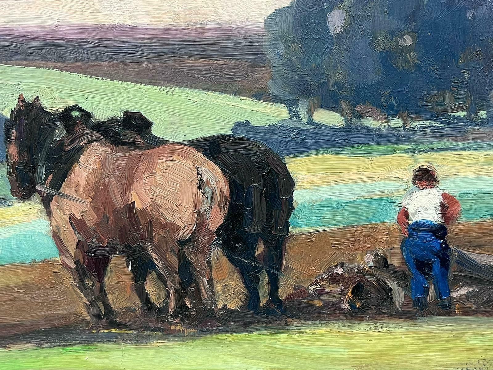 Leon Hatotvintage French Oil Painting Black And Brown Horse With Harvester In Fields photo furniture