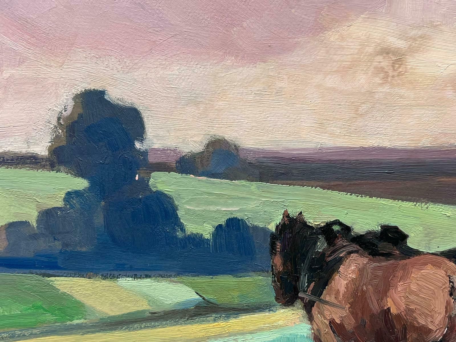 Leon Hatotvintage French Oil Painting Black And Brown Horse With Harvester In Fields photo for sale
