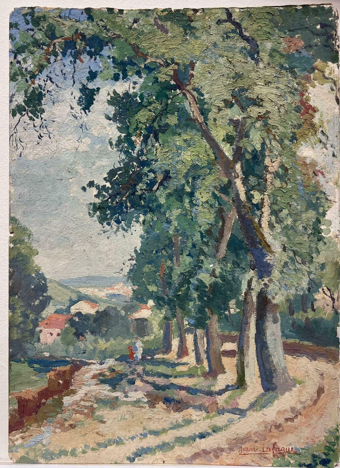 Jean Laforguefigures Walking Down Tree Path Signed French Impressionist 1950's Oil Painting photo furniture