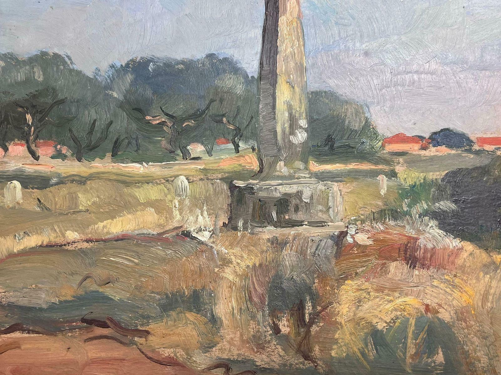 Jean Laforgueold Preaching Cross Memorial Stone French Village Landscape 1950's Oil Painting photo for sale