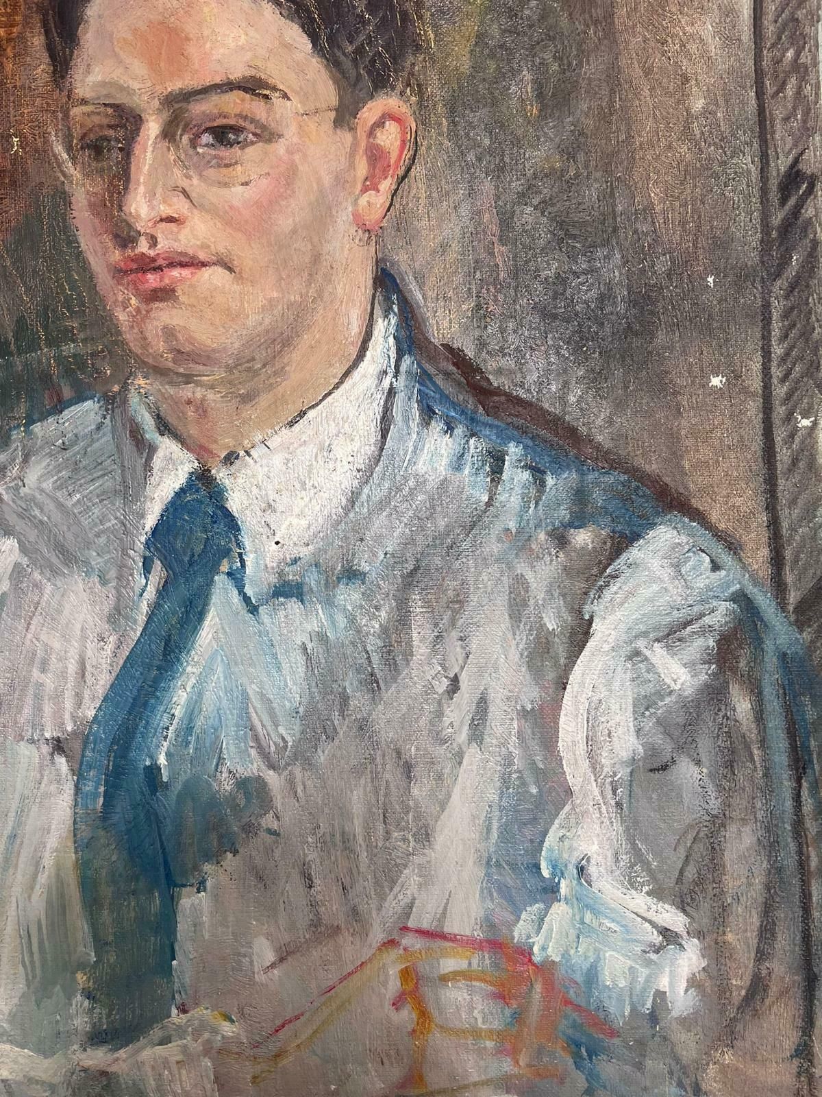 Jean Laforguemid 20th Century French Signed Oil Painting Portrait Of Man In Tie photo buy