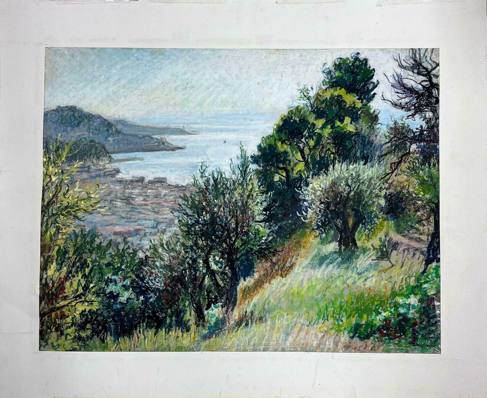 Josine Vignon1950s French Post Impressionist Provencal Olive Grove Hill Seascape 1950s photo furniture