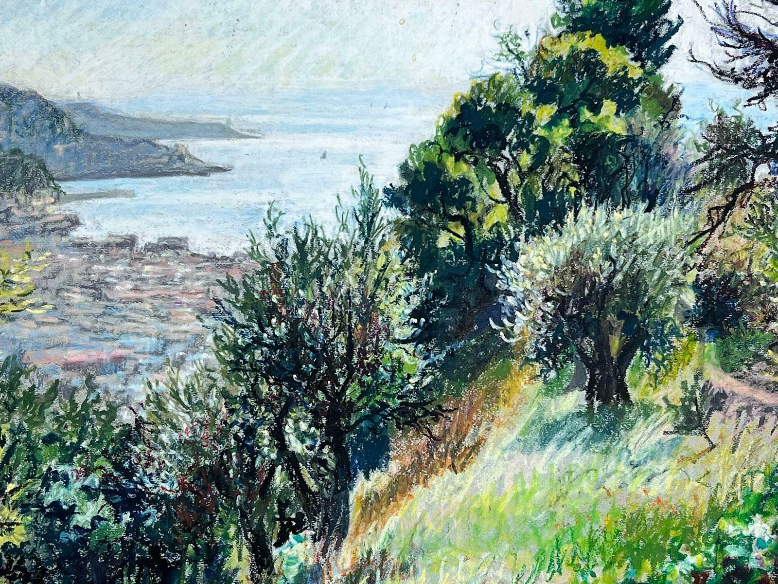 Josine Vignon1950s French Post Impressionist Provencal Olive Grove Hill Seascape 1950s photo for sale