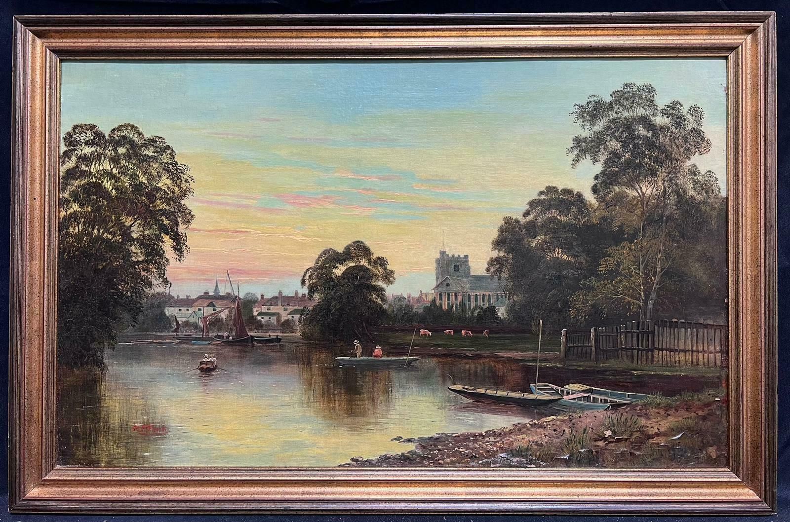Victorian Englishwindsor/ Eton On The River Thames Sunset Antique Signed English Oil Painting photo furniture