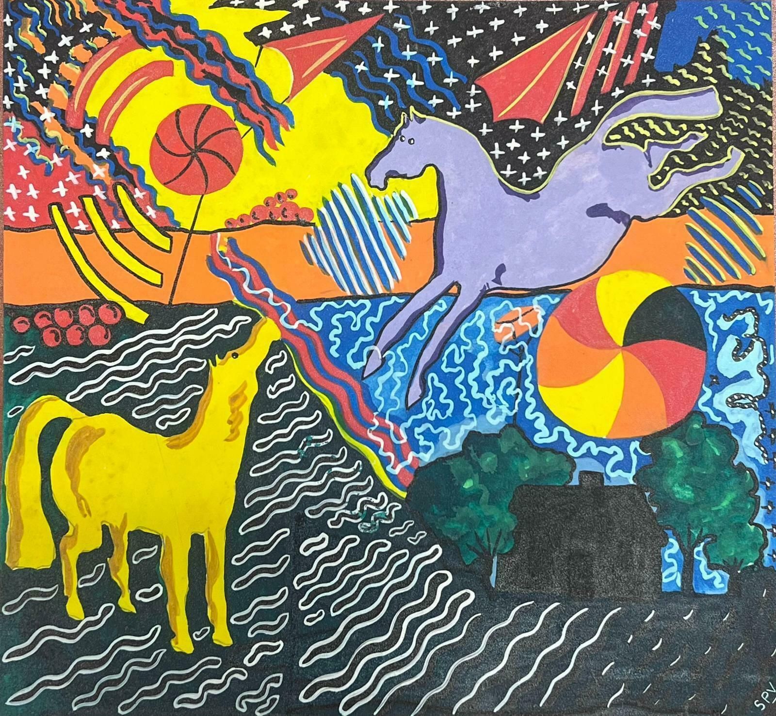 Sally Vaughancontemporary British Original Painting Quirky Horse Colourful Abstract1990