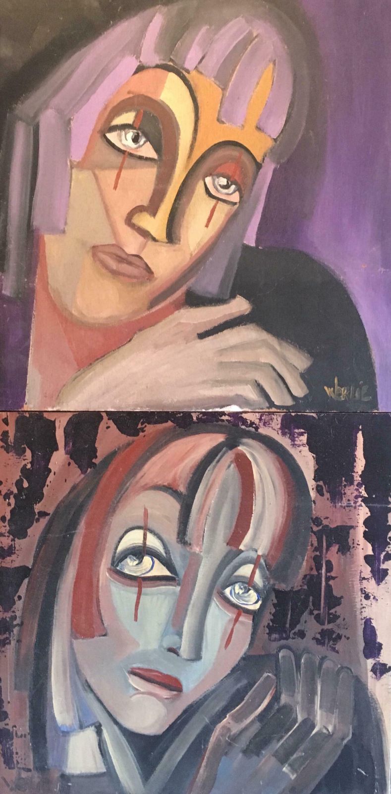 Beatrice Werlieabstract Portraits Two Paintings As One Purple Colour Signedc.1990s