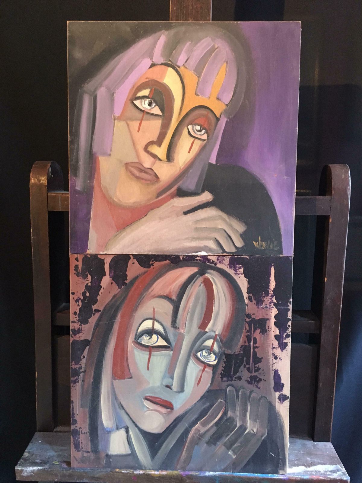 Beatrice Werlieabstract Portraits Two Paintings As One Purple Colour Signedc.1990s photo furniture