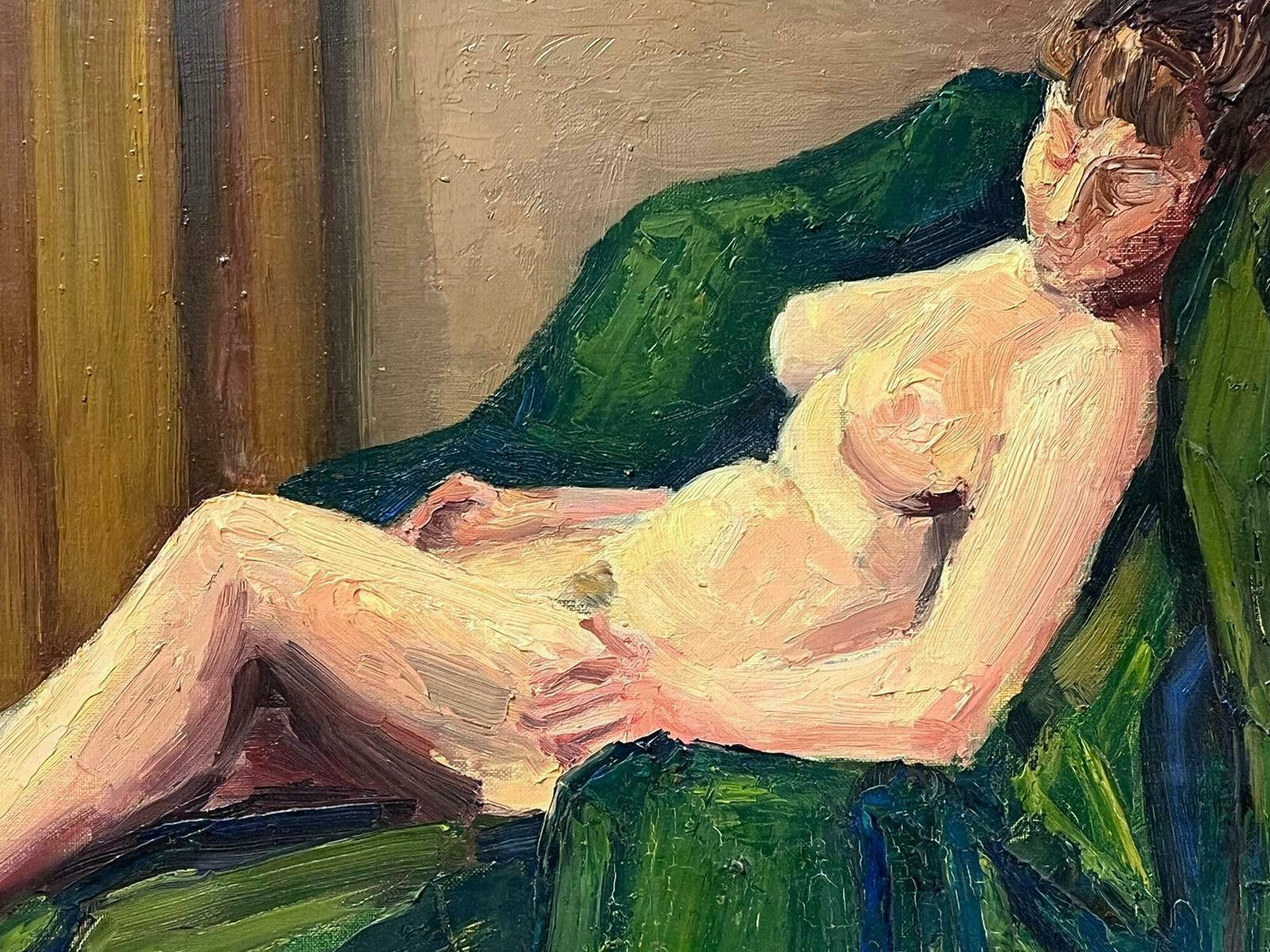 Josine Vignonnude Model Reclining On Green Sofa 1950's French Post Impressionist Signed Oil1950s photo for sale
