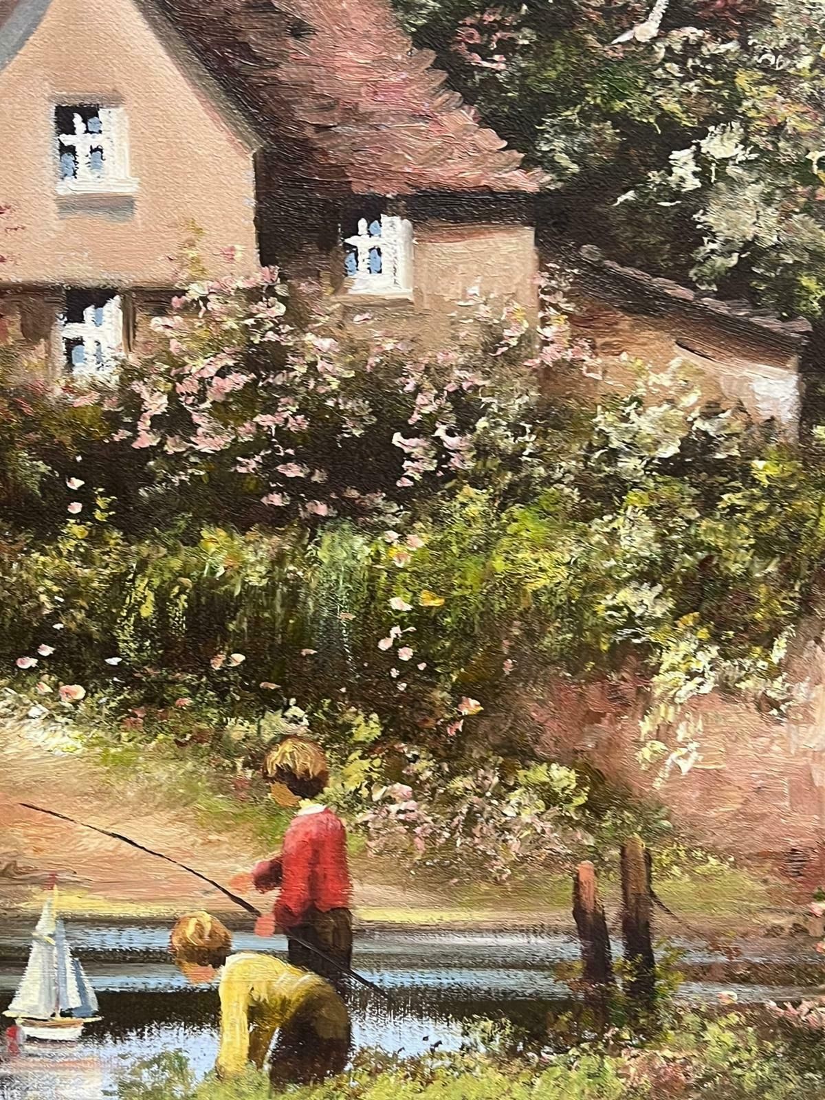 Les Parsonstraditional English Cornish Village Scene Children Playing In Stream By Cottage photo 975.0