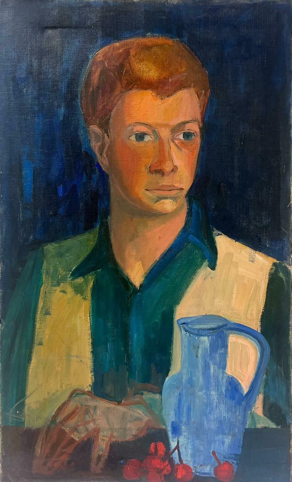Mid 20th Century French School1950's French Oil Portrait Of Man With Cherries & Blue Jug Mid Century Original1950's