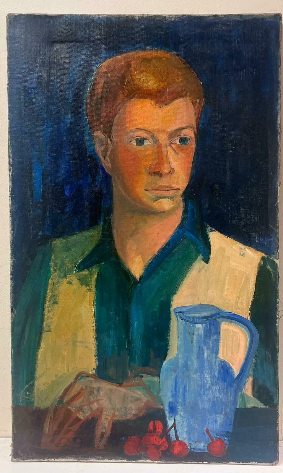 Mid 20th Century French School1950's French Oil Portrait Of Man With Cherries & Blue Jug Mid Century Original1950's photo furniture