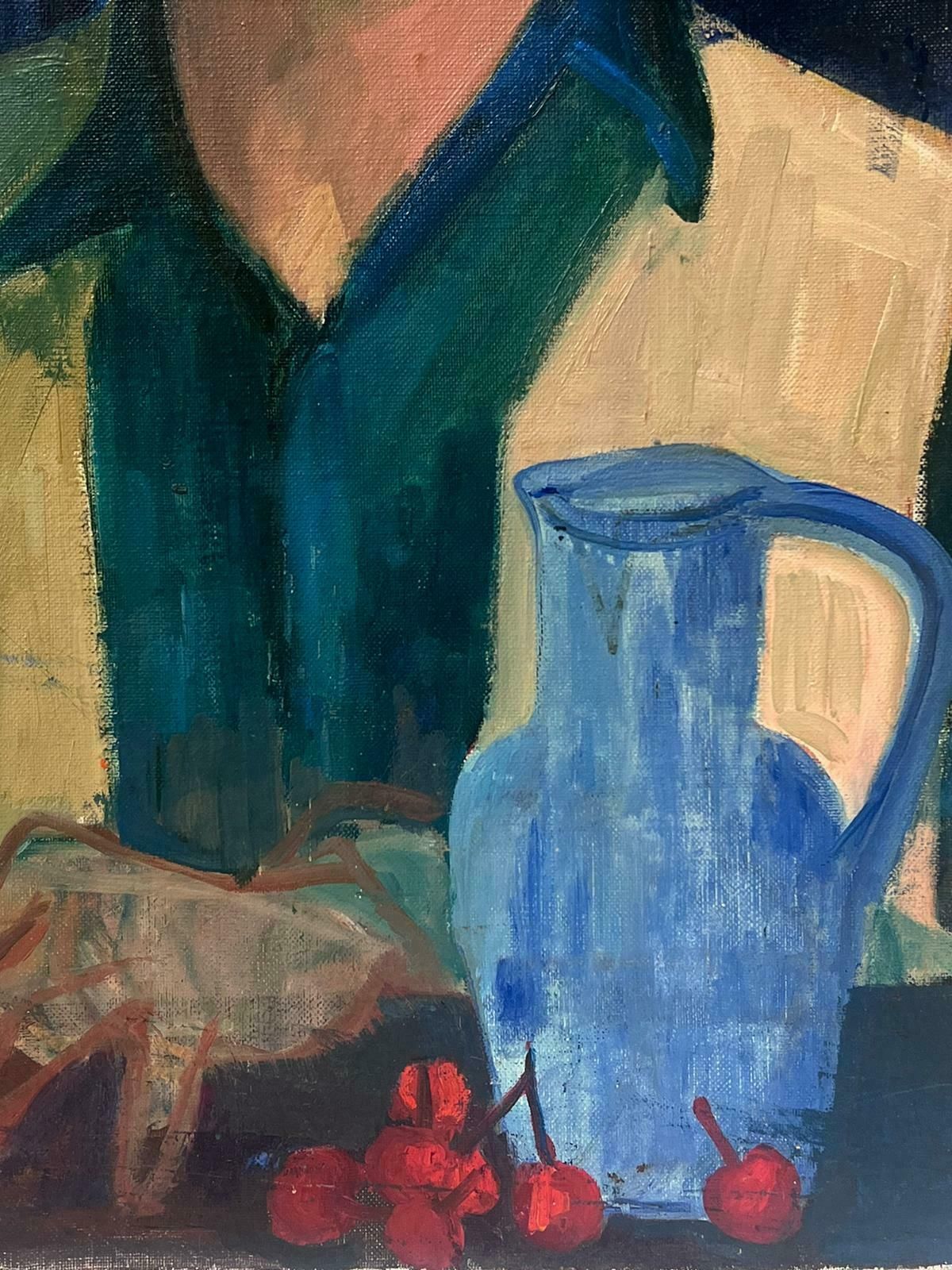Mid 20th Century French School1950's French Oil Portrait Of Man With Cherries & Blue Jug Mid Century Original1950's photo Art