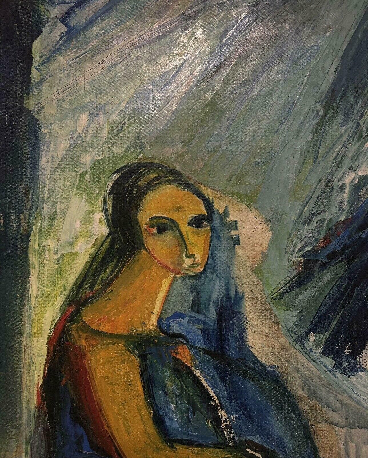 French Schoolmid 20th Century French Modernist Oil, Portrait Of A Figure In Blue