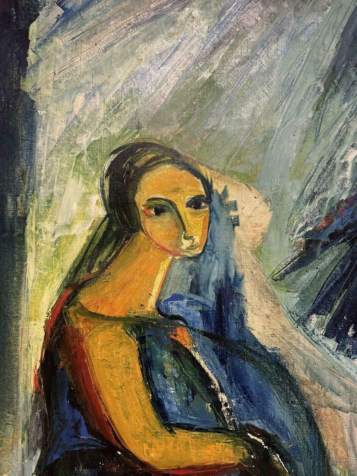 French Schoolmid 20th Century French Modernist Oil, Portrait Of A Figure In Blue photo furniture