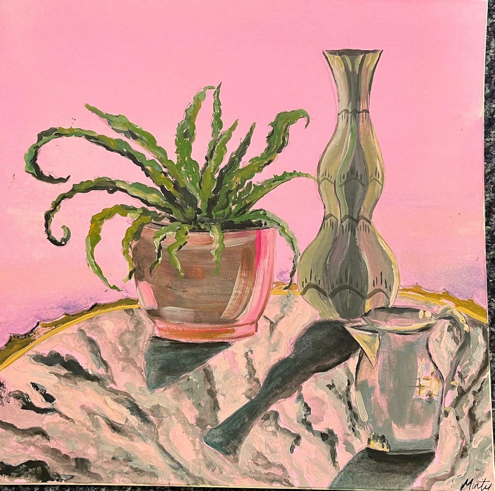 Minty Ramseypink Still Life Interior With Green Fern Acrylic Painting Contemporary British 2024