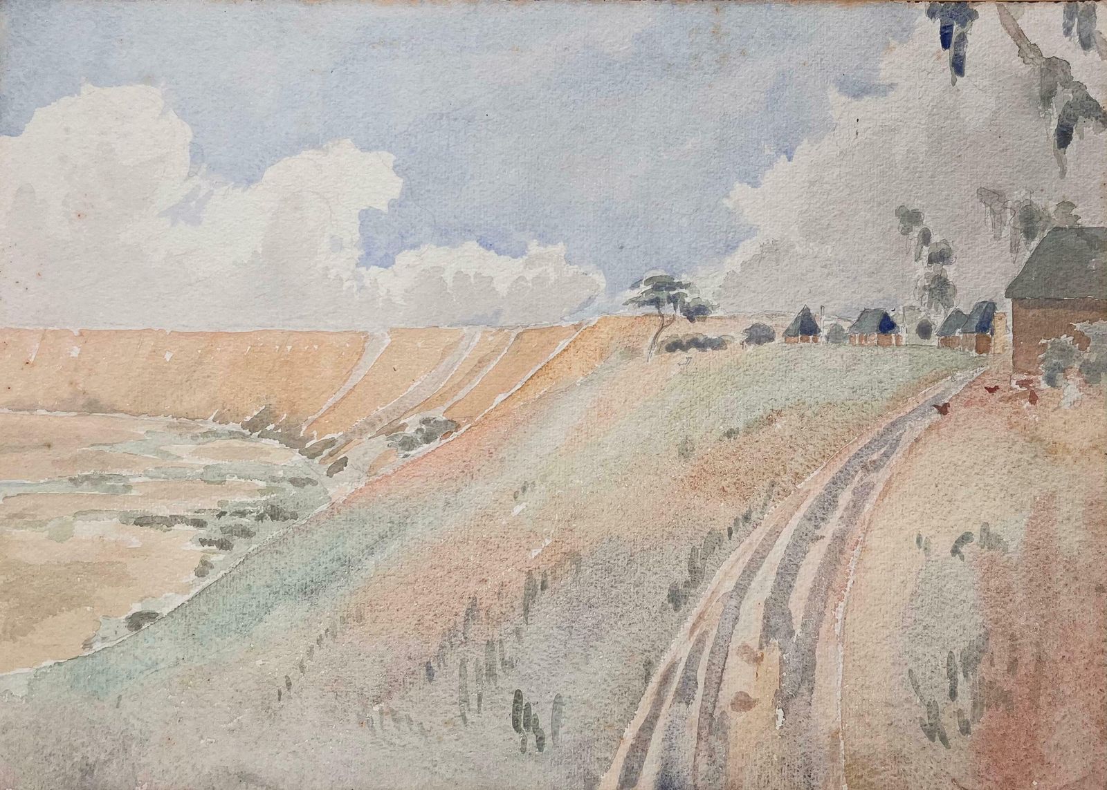 Ian G. Walkerfinely Detailed British Watercolor Topographical Landscape View With Crater20th Century