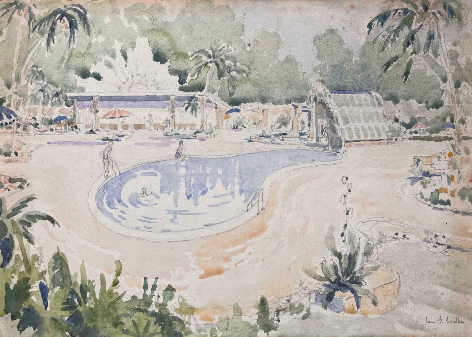 Ian G. Walkerfinely Detailed British Watercolor Topographical Of A Tropical Poolside Scene20th Century
