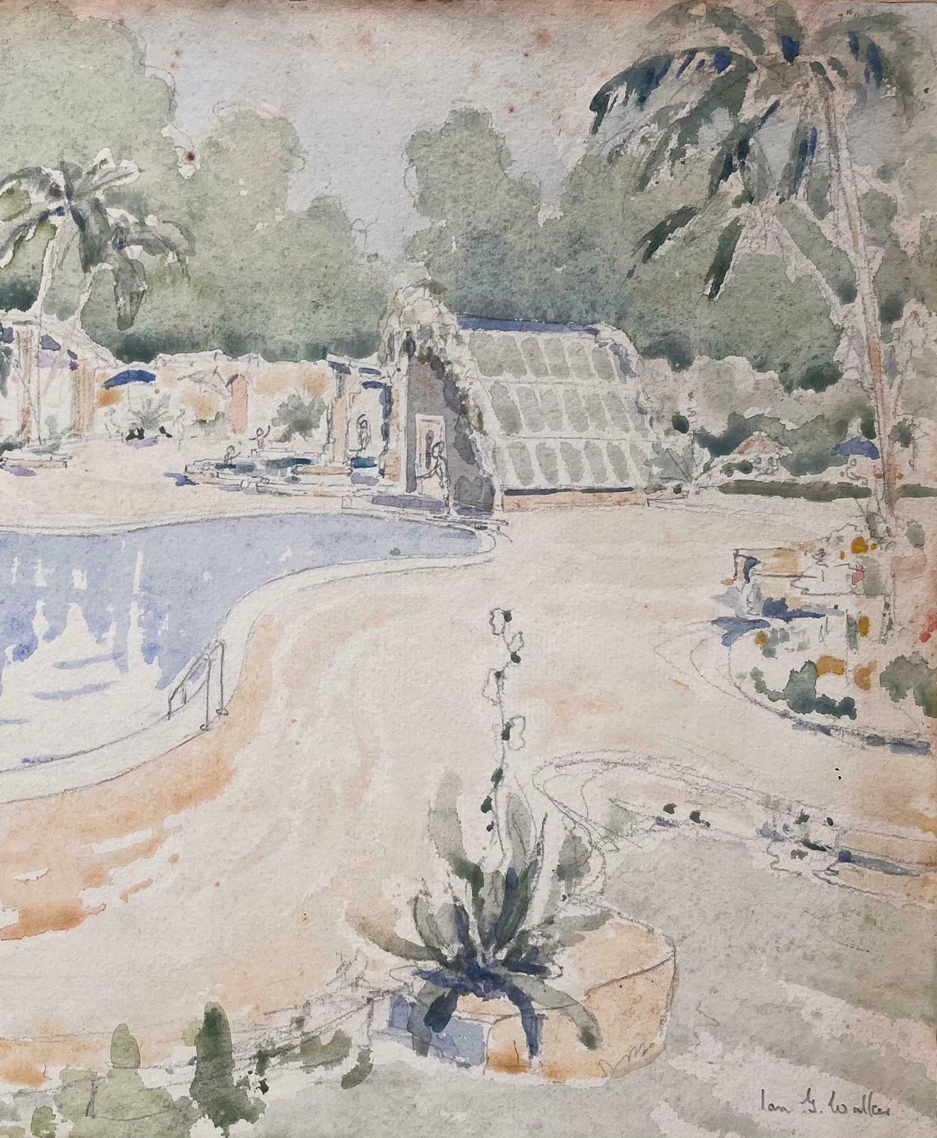 Ian G. Walkerfinely Detailed British Watercolor Topographical Of A Tropical Poolside Scene20th Century photo Art
