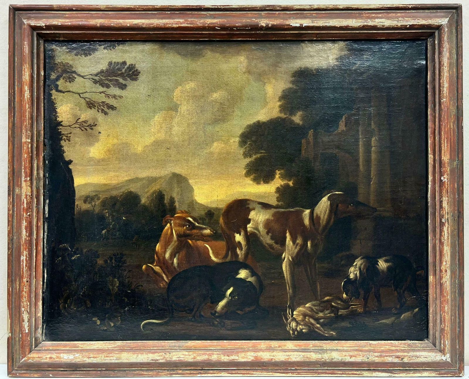 Fine 1700's Italian Old Master Oil Painting Hunting Dogs With Game, Roman Ruins photo furniture