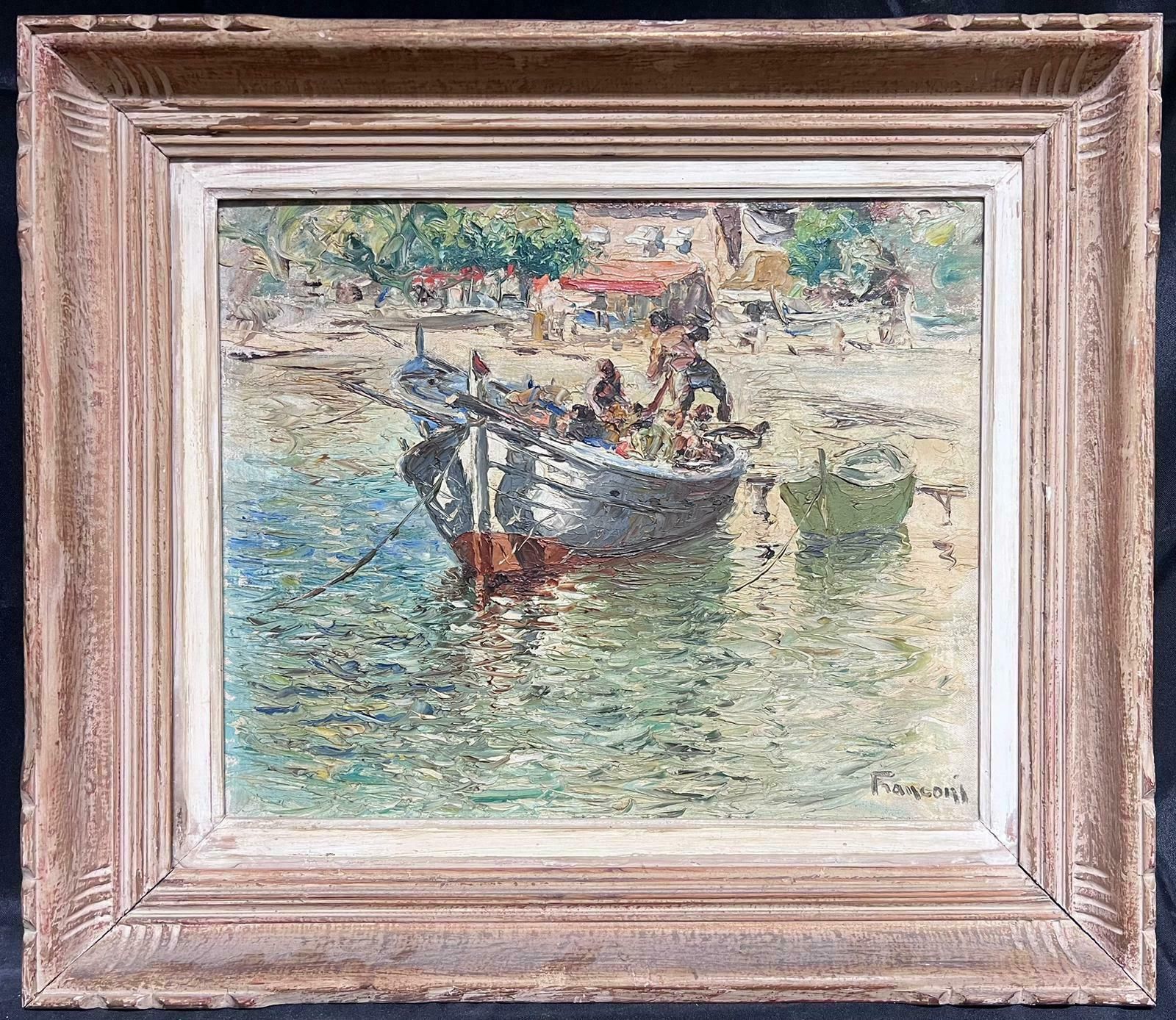 Italian Mid 20th Centurysigned Italian Oil Painting C. 1950's Fishing Boat Sunny Beach Side Sea Scene
