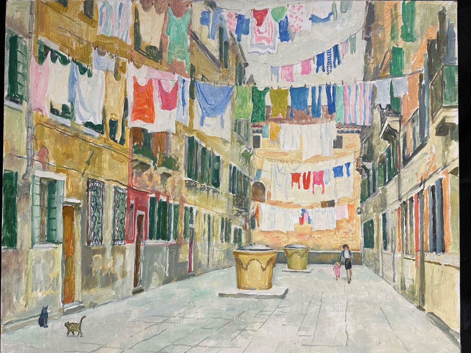 Maurice Delavierlarge French Impressionist Oil Painting Clothes Drying On Washing Line Venice1983