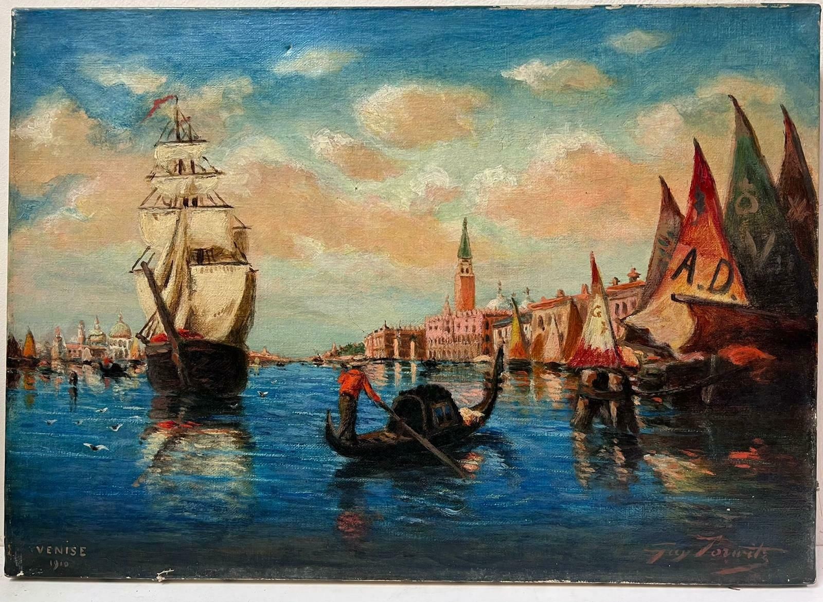 Italian Antiquethe Grand Canal Venice Antique 1910 Signed Oil Painting On Canvas Many Boats1910 photo furniture
