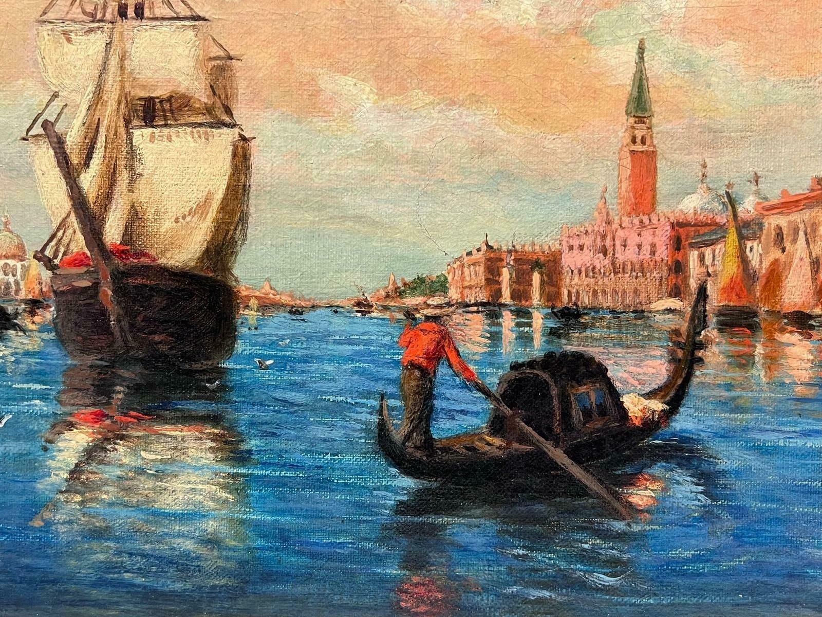 Italian Antiquethe Grand Canal Venice Antique 1910 Signed Oil Painting On Canvas Many Boats1910 photo vintage