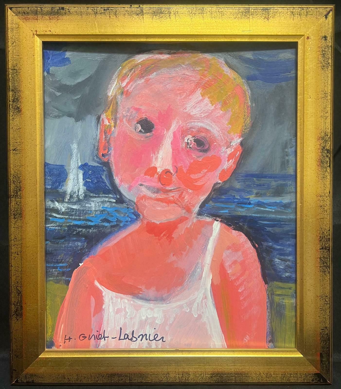 Huguette Ginet Lasnier French Modernist Signed Oil Portrait Of Child On Beach With Sea & Boatc. 2000's photo furniture