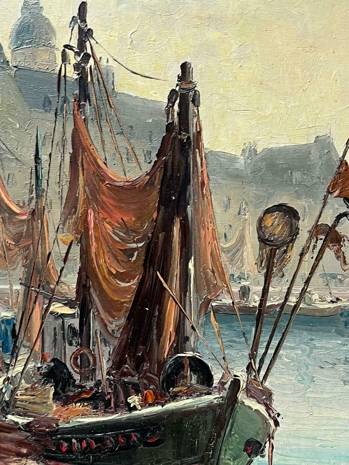 French School1950's French Mid Century Signed Oil Fishermen South Of France Habour With Boats photo vinterior