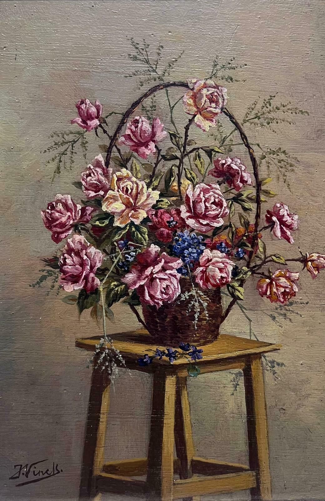 Joseph Vinckvintage French Signed Oil Roses In Basket On Wooden Stool Gilt Framed photo furniture