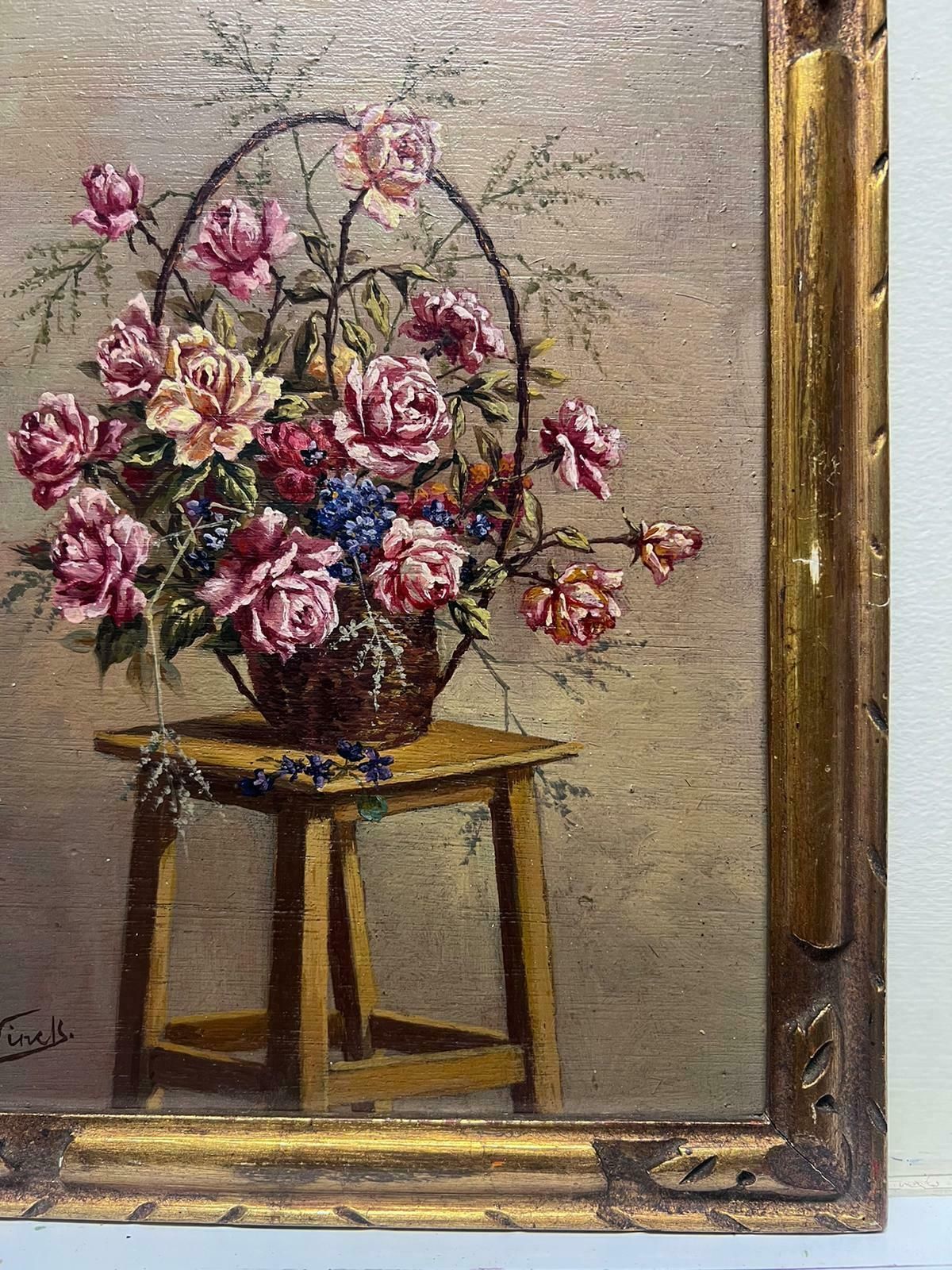 Joseph Vinckvintage French Signed Oil Roses In Basket On Wooden Stool Gilt Framed photo 605.0