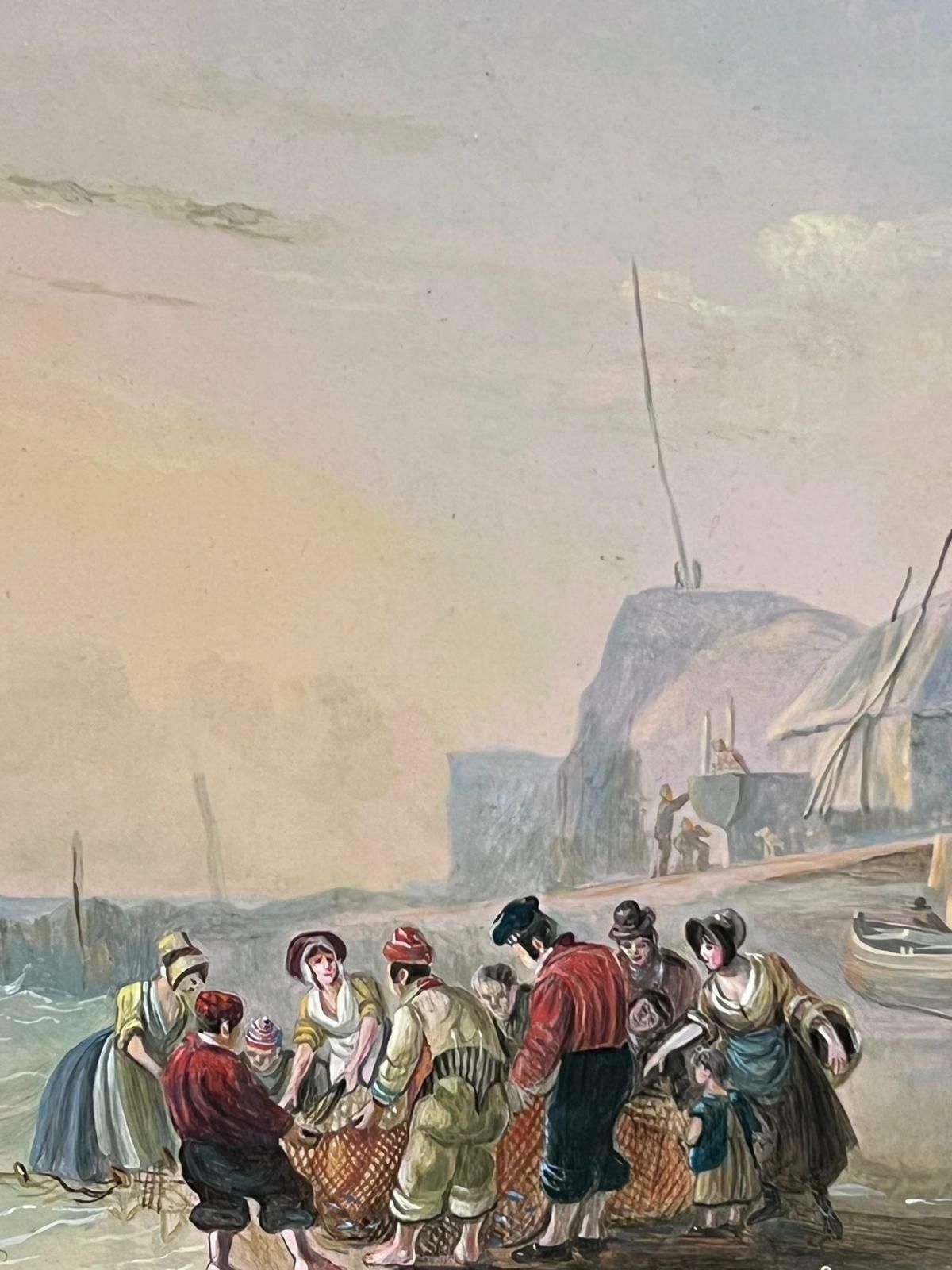 Richard Templetraditional English Oil Painting Fisherfolk Tending Nets On Crowded Beach Coast photo vintage