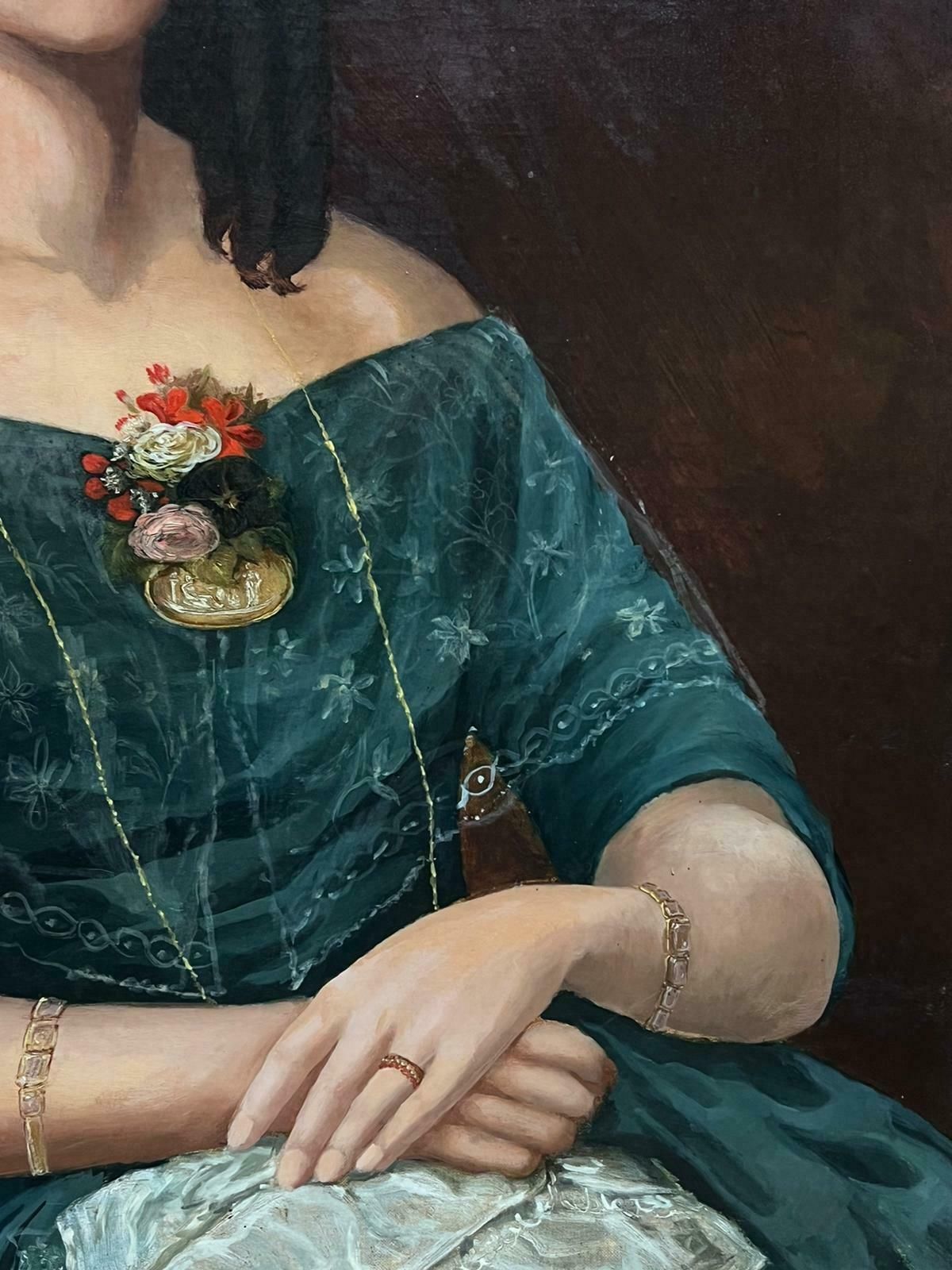 French Schoollarge 19th Century French Portrait Of Lady With Roses & Smart Dress Oil Painting photo for sale