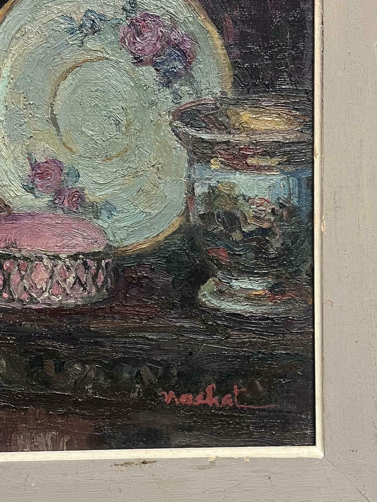 French Schoolpink Rose In Vase Signed French Impressionist Interior Scene Oil Painting photo Art