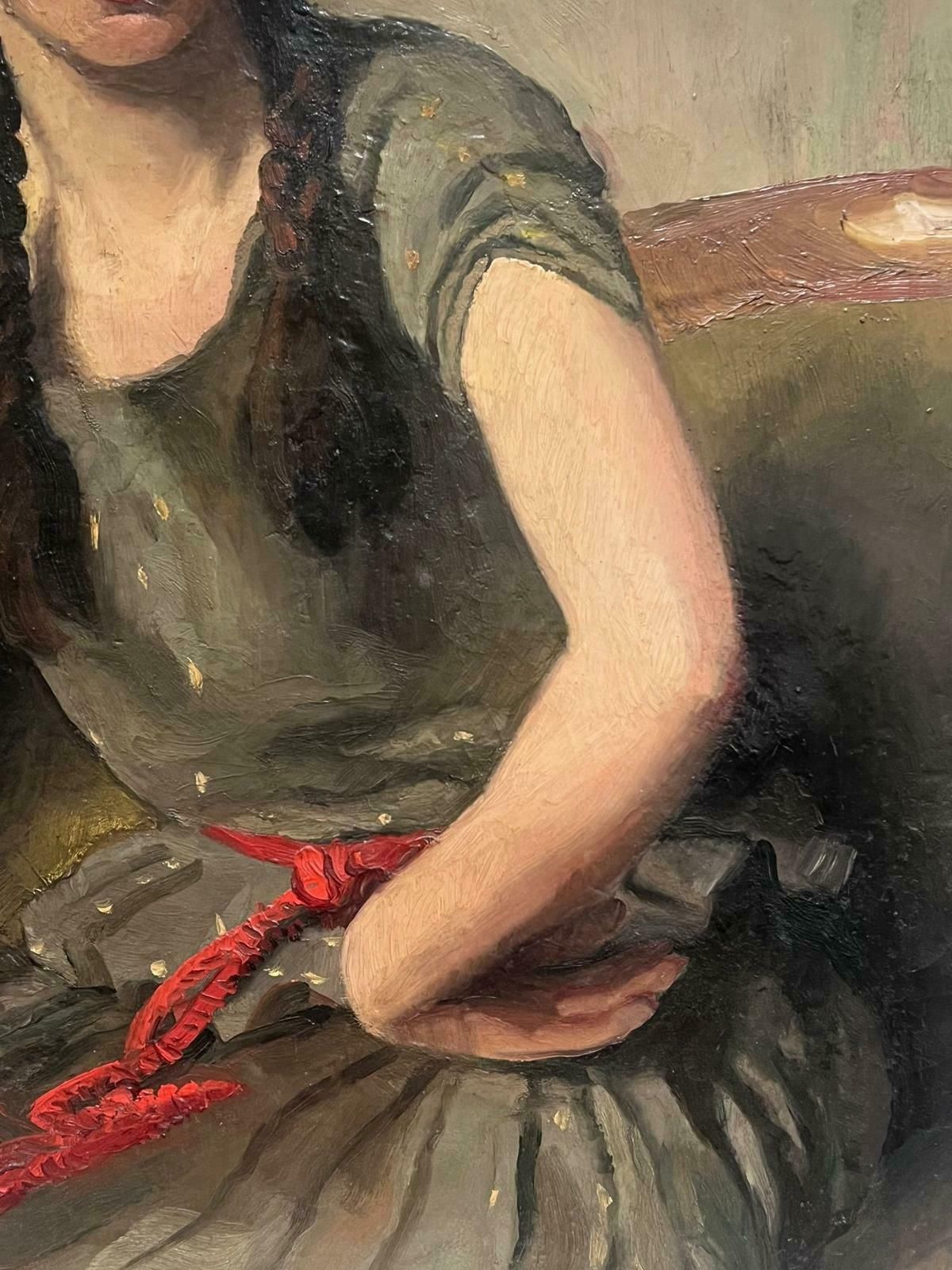 European Late 19thchuge Antique European Portrait Of Girl With Plaits In Hair Oil On Canvas photo buy