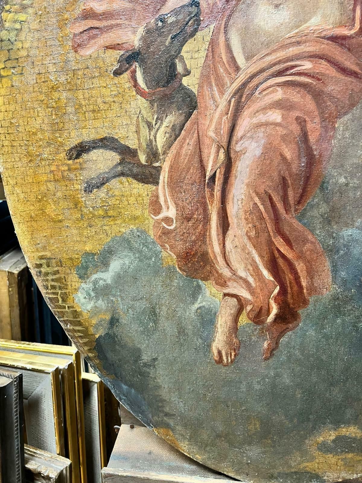 Italian 19th Cfine Antique Classical Nude Draped In Robes Dancing With Dog Gold Background photo Art