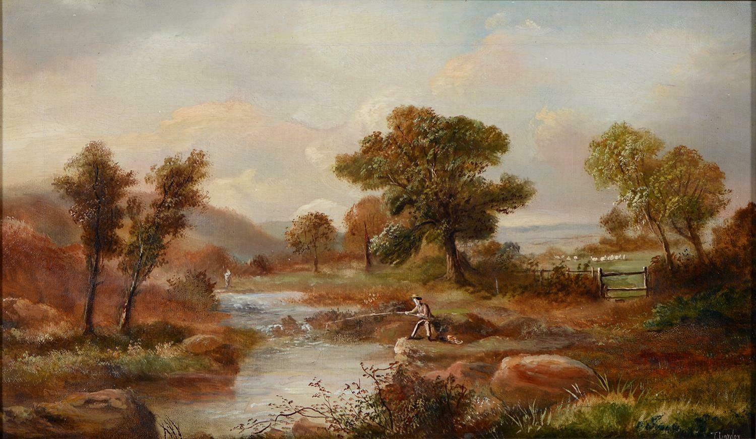 P. Macarthurantique British Oil Painting Angler In Mountainous River Landscape, Signed Oil photo furniture