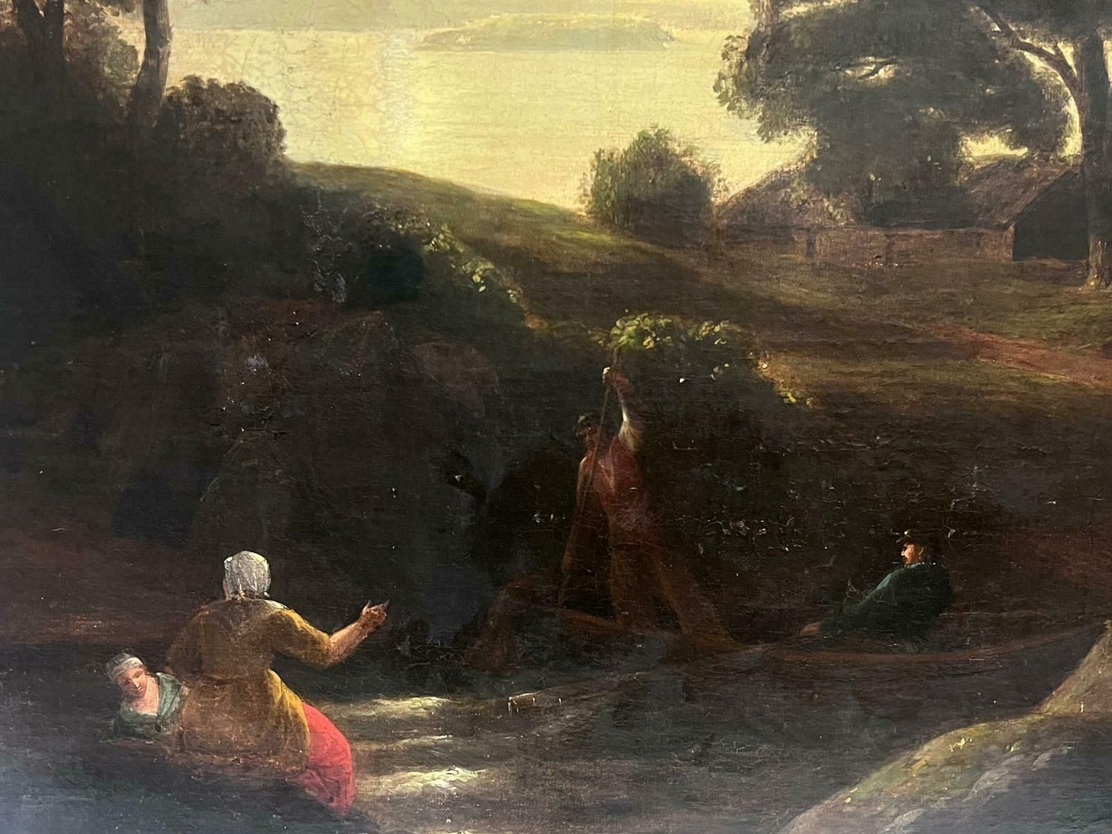 British 18thhuge 18th Century British Oil Painting Dusk Landscape Figures Boat & Lake photo Art