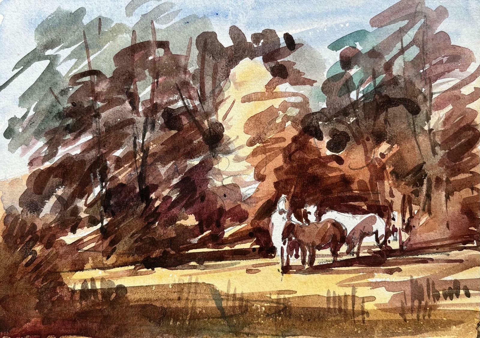 Maurice Mazeiliefrench Impressionist Watercolor Woodland Scene With Horses20th Century