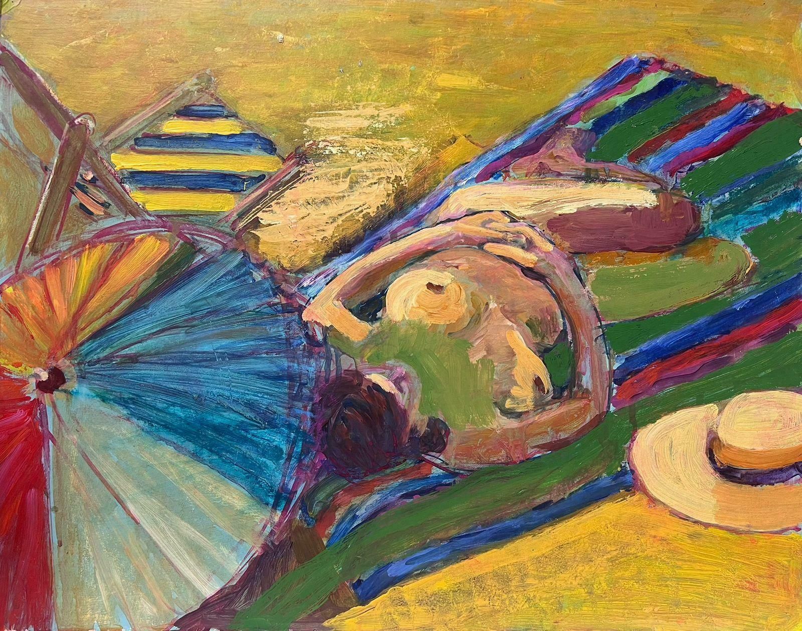 Helen Greenfieldnude Lady Sunbathing On Beach British Modernist 20th Century Oil Painting photo furniture