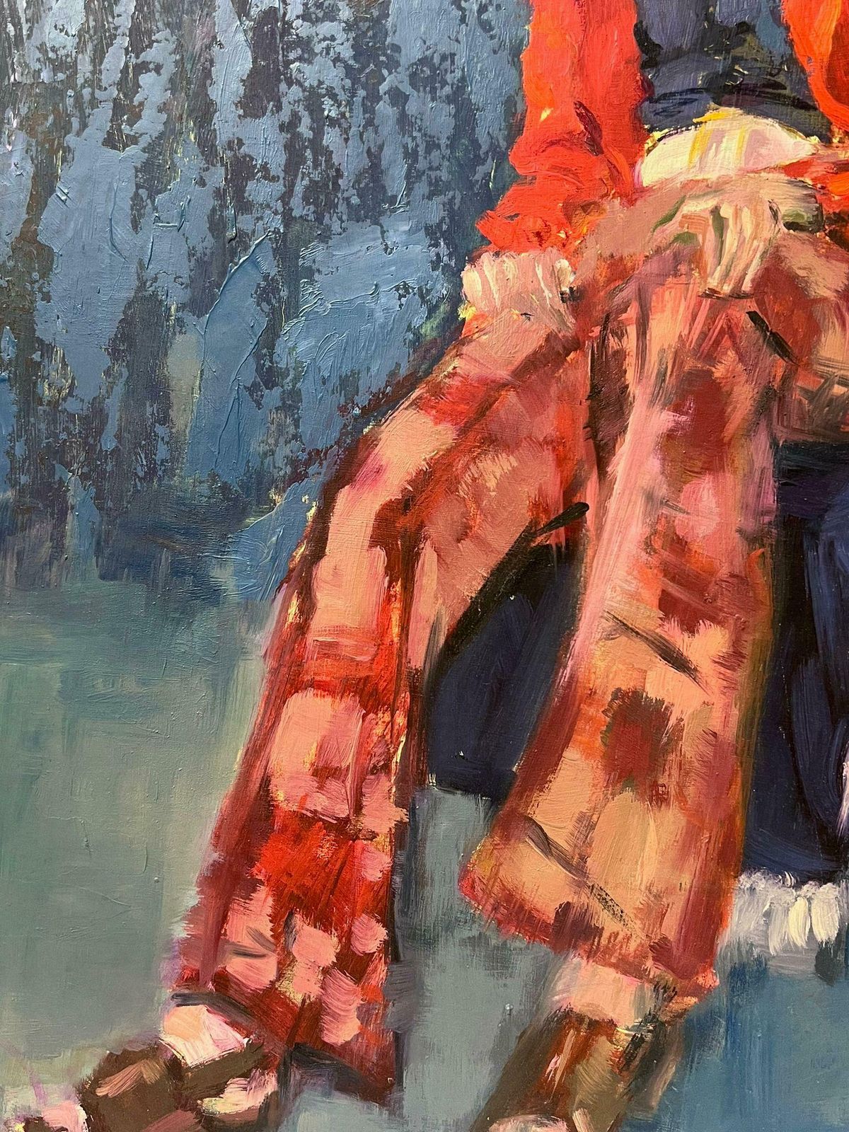 Helen Greenfieldmodern British Portrait Of Lady In Red Coat Tartan Trousers 20th Century Oil photo 462.0