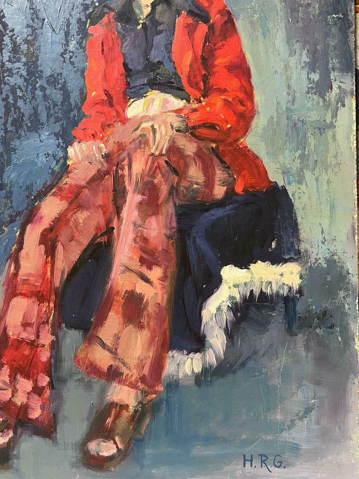 Helen Greenfieldmodern British Portrait Of Lady In Red Coat Tartan Trousers 20th Century Oil photo buy