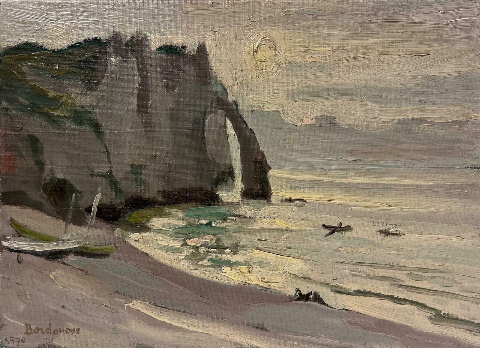 Georges Bordonovecontemporary French Impressionist Oil Etretat Rocky Coastline At Dusk Beach