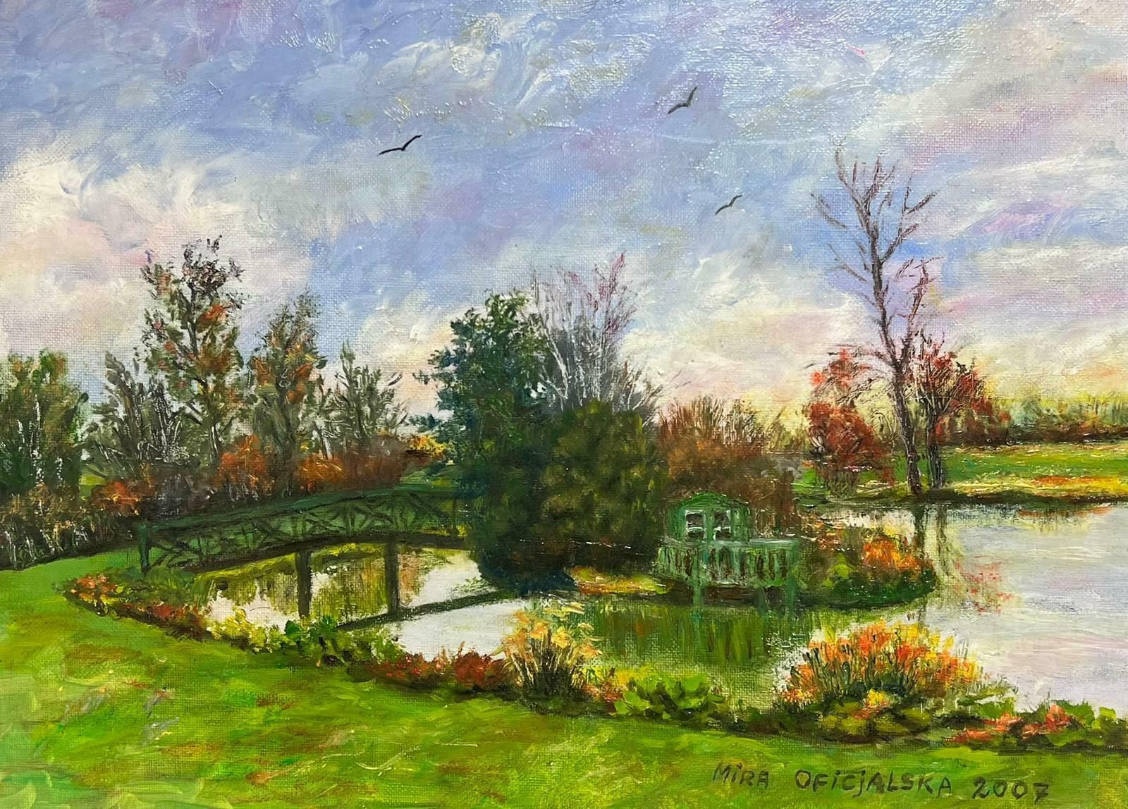 Hungarian Impressionistgarden Lake Landscape With Bridge Over Water Signed Impressionist Oil Painting photo furniture