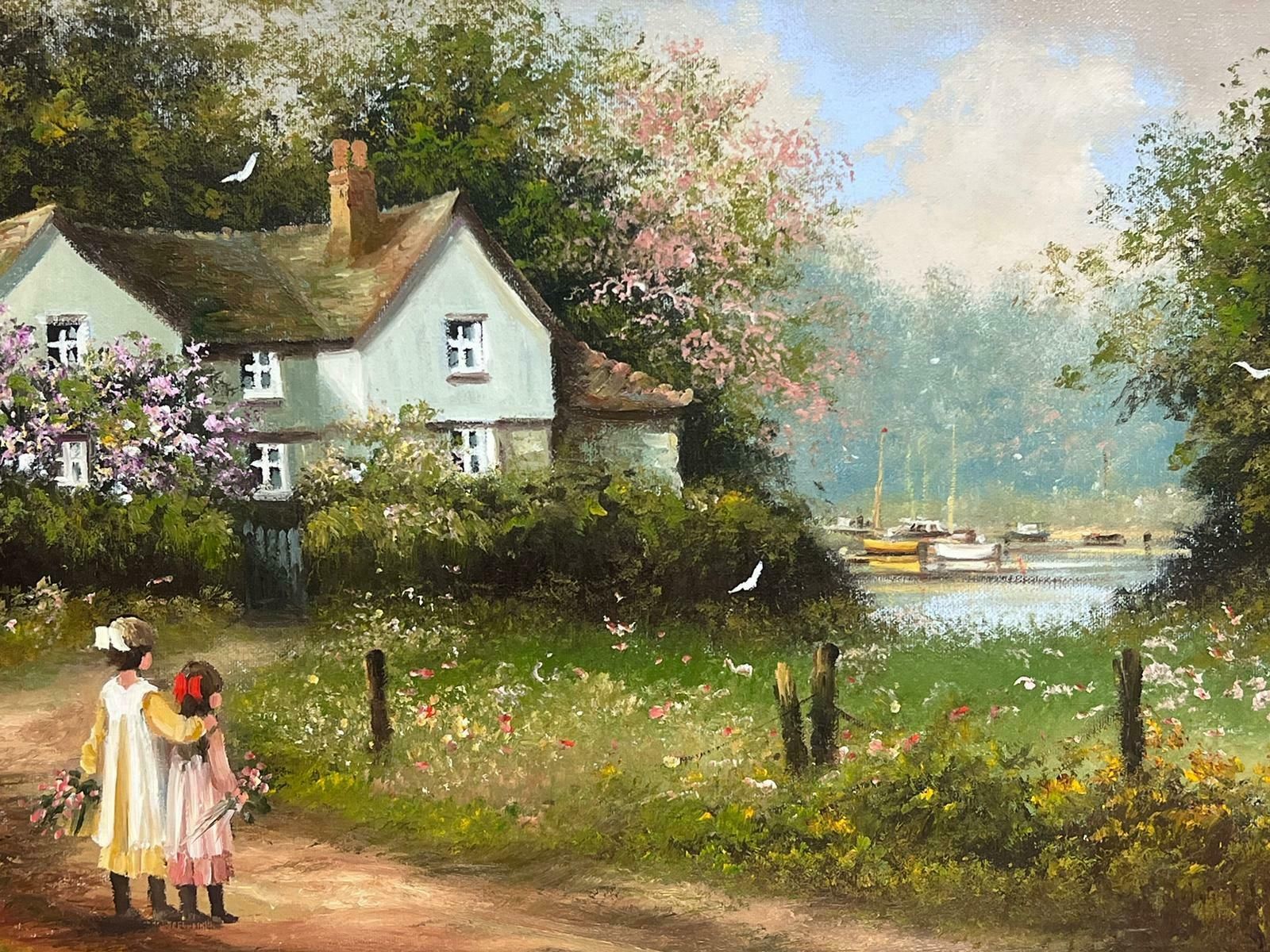 Les Parsonstraditional English Signed Oil Painting Children In Cottage Flower Garden photo Art