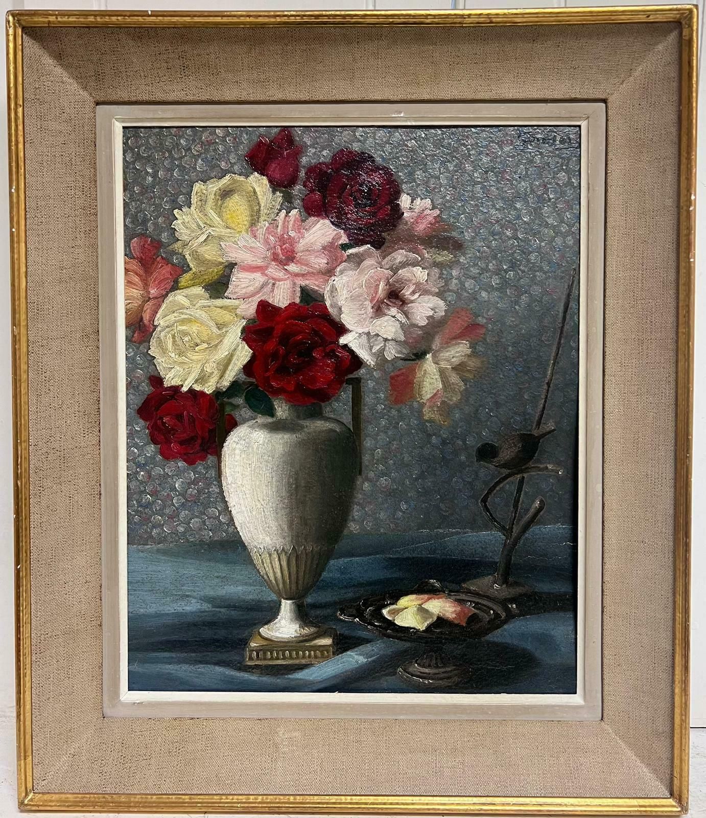 1950's French Flowers In Vase 1950's French Signed Oil Painting Interior Room Scene Framed1950's