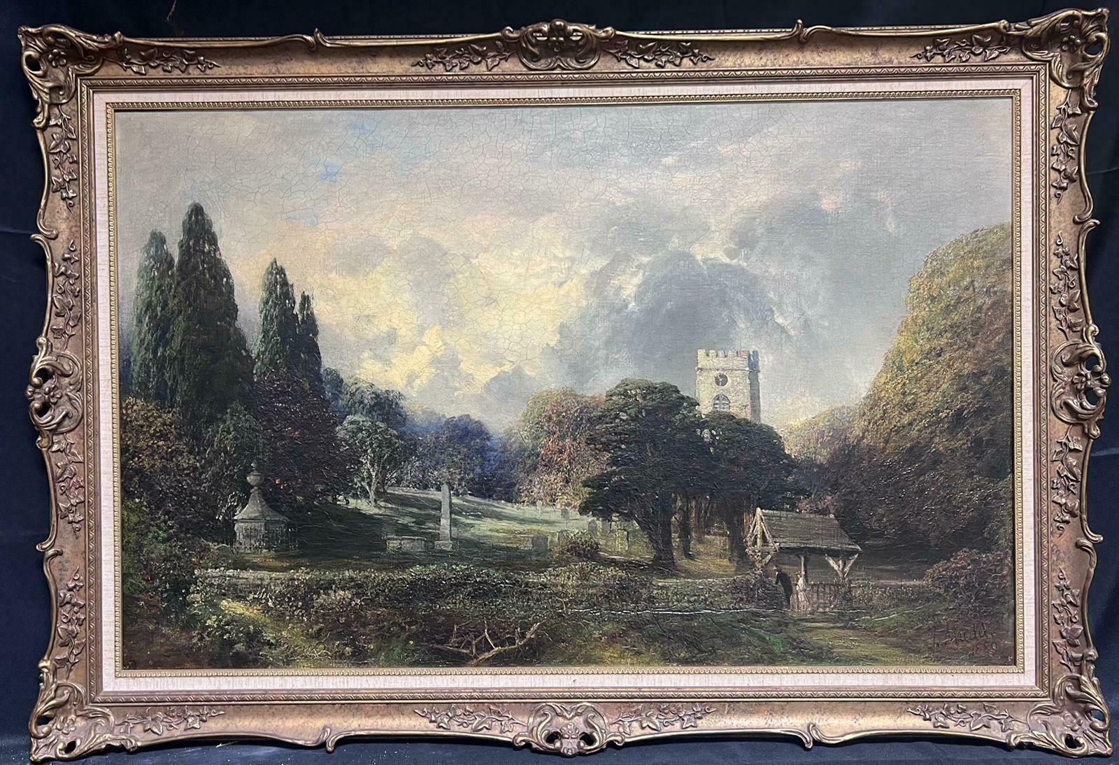 James Muddfine Large Victorian Signed English Oil Figures Entering Country Churchyard 1889 photo furniture