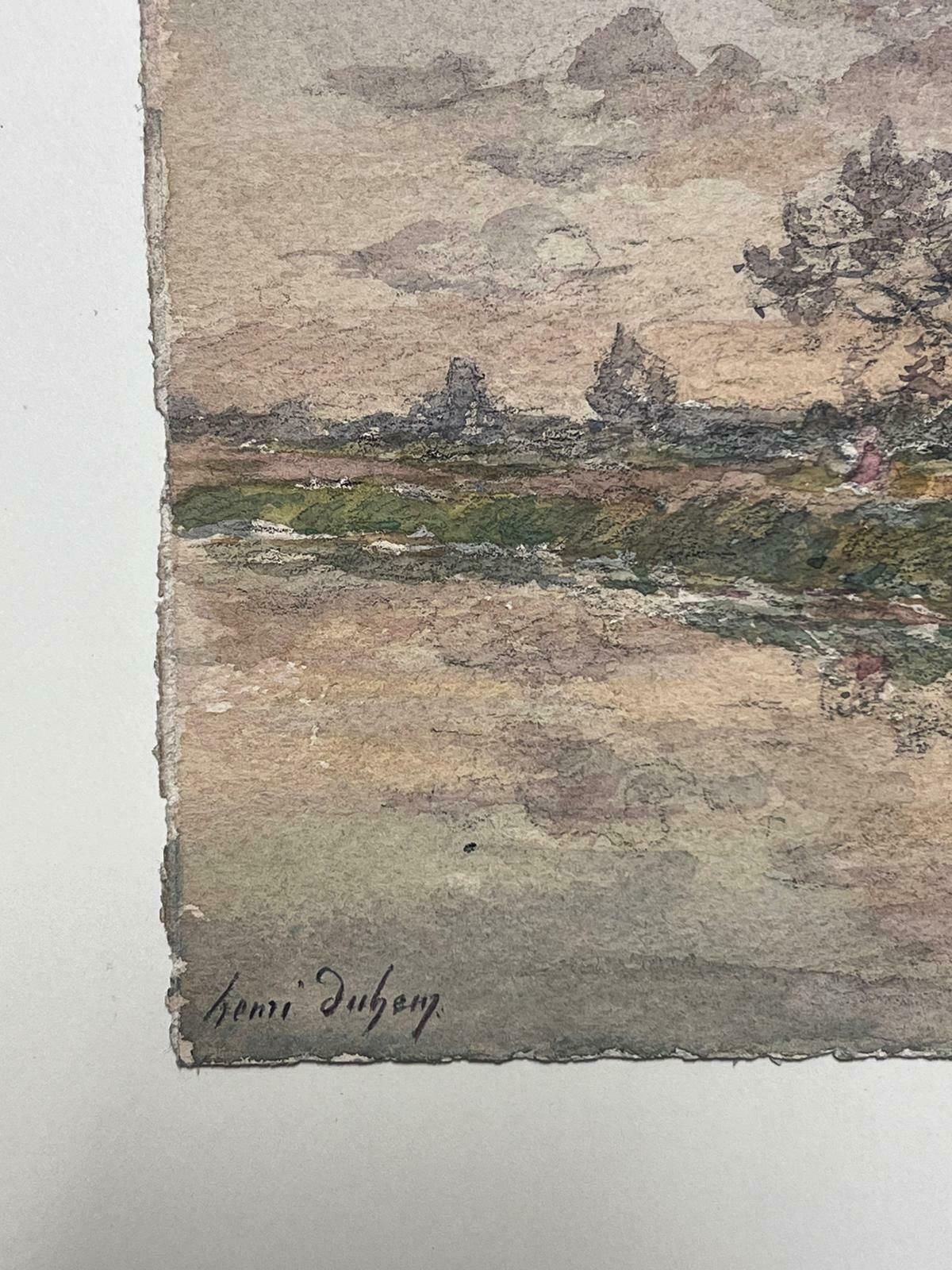 Henri Aime Duhemfine Antique French Impressionist Painting Figure Working By Riverbank photo Art