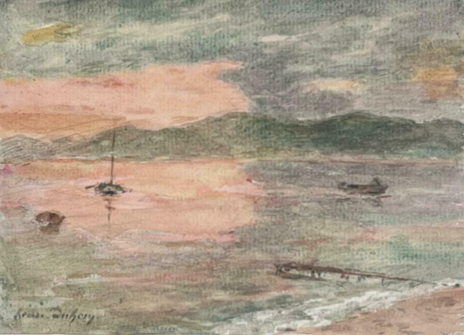 Henri Aime Duhemfine Antique French Impressionist Fishing Boats Anchored At Sunset